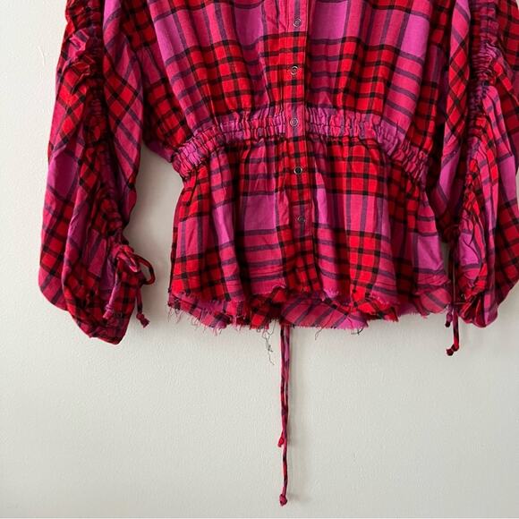 Free People Pacific Dawn Pink & Red Plaid Blouse - Picture 3 of 8